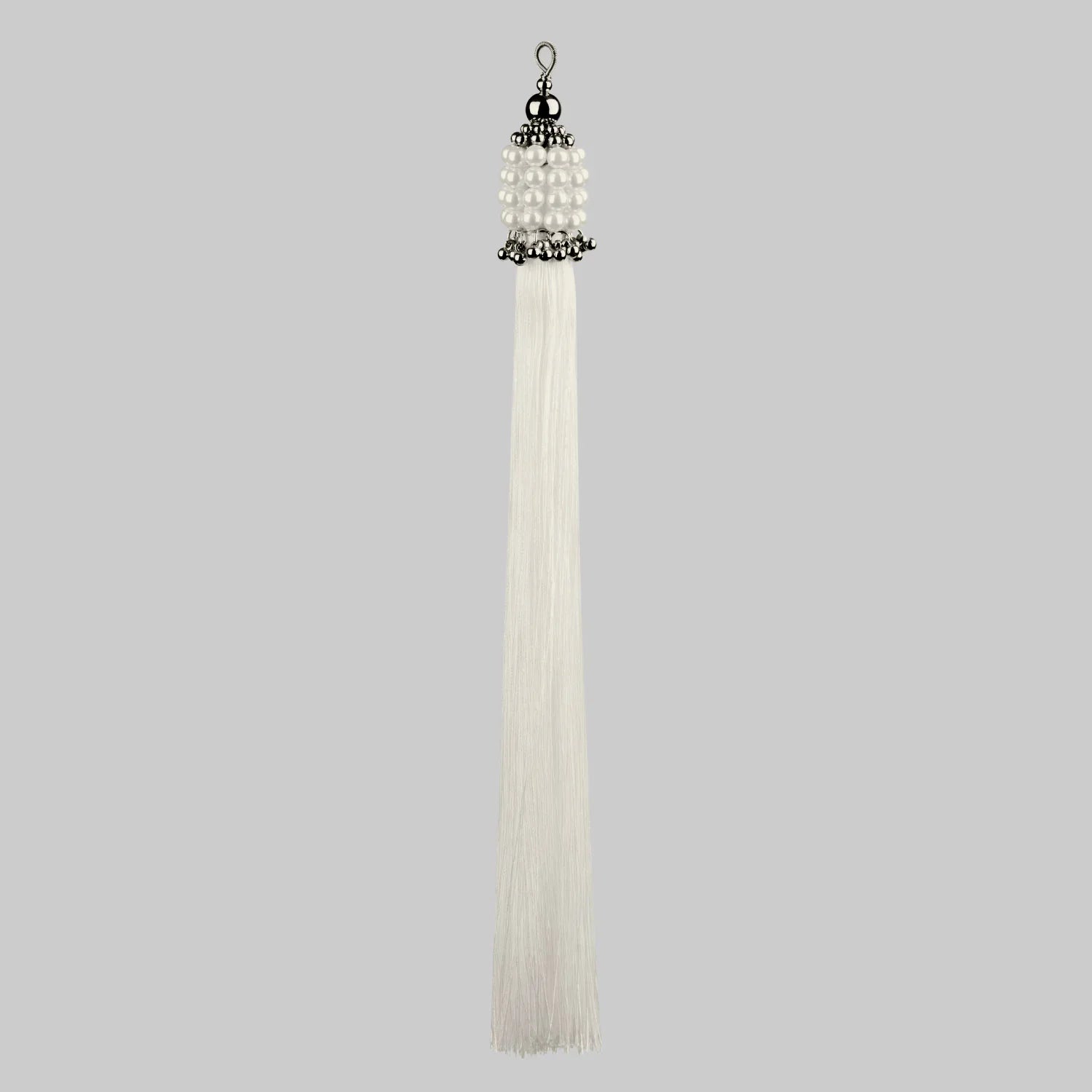 handcrafted beaded polyester tassel in peal and silver beads by object and dawn