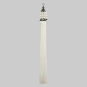 handcrafted beaded polyester tassel in peal and silver beads by object and dawn