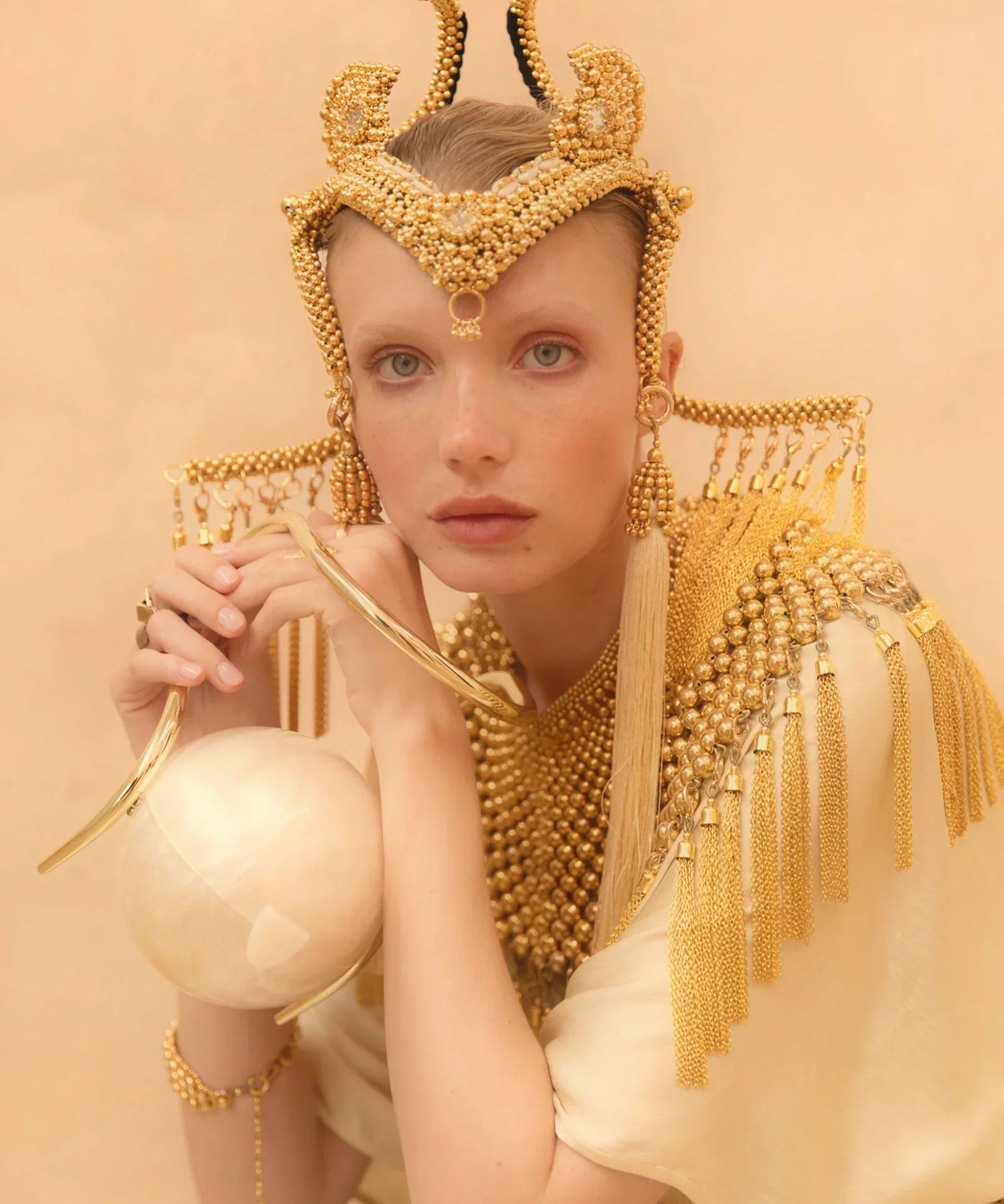 Handcrafted gold cap beaded polyester tassel with gold threads by object and dawna