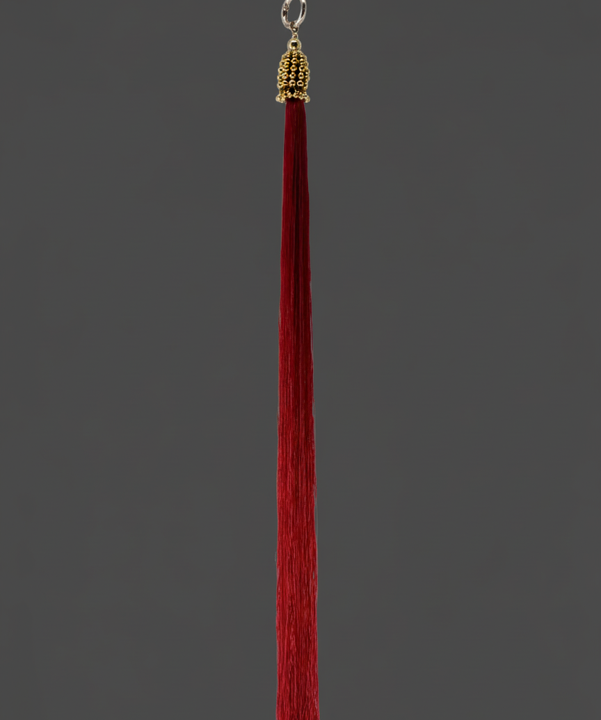 22" gold headcape beaded tassel with burgundy threads ghost image potrait