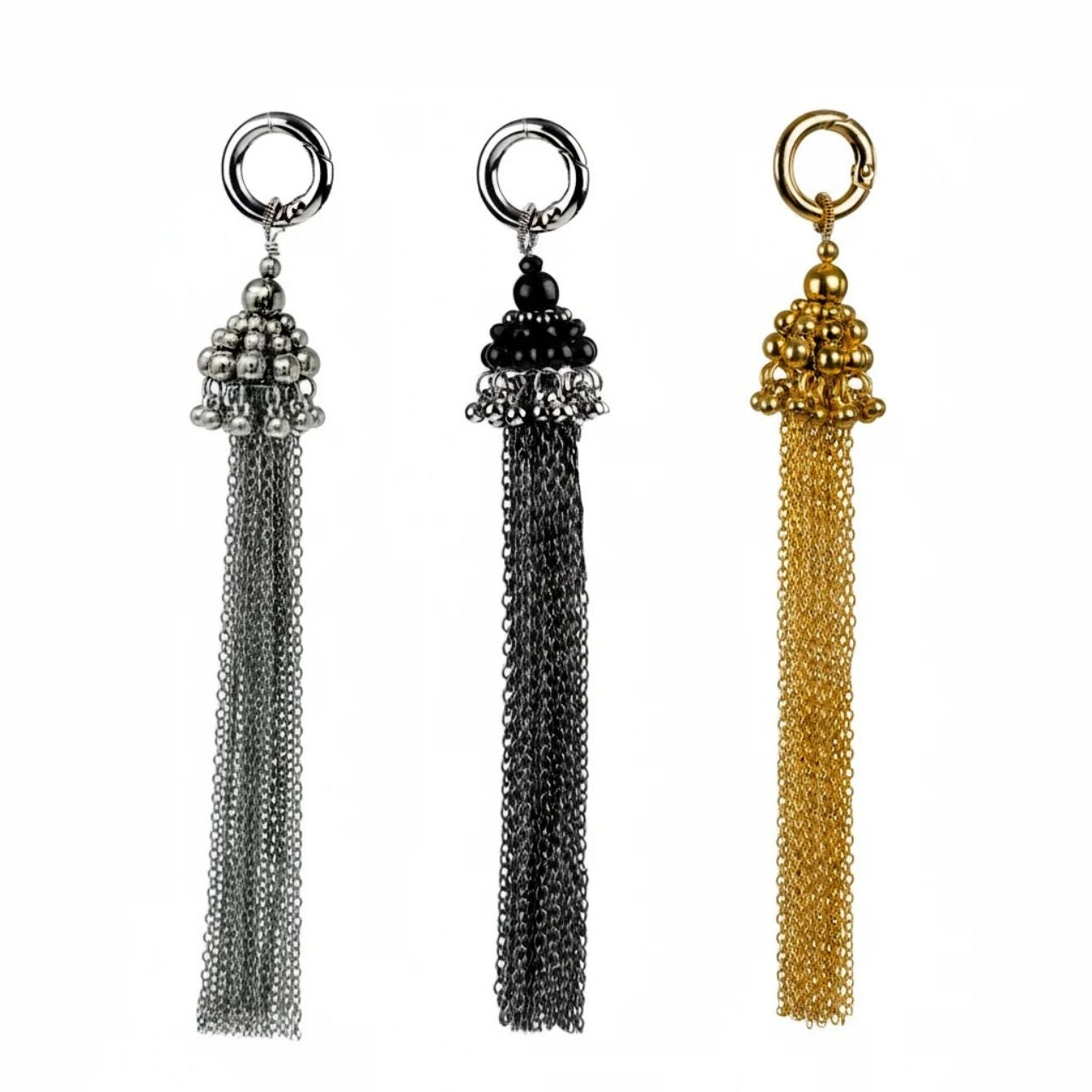 3 color of beaded chain tassels in silver, jet black, gold by object & dawn