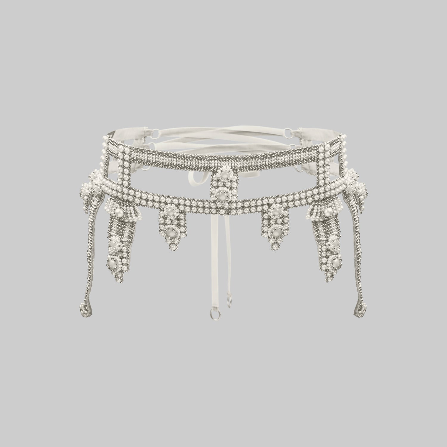 Amaya Garter Belt in Pearl with Tassels