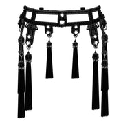 Object & Dawn Beaded Amaya Modular Belt in jet blackwith tassel jet black, modular fashion, ghost image front view 