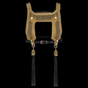 Decorative gold beaded harness with mirror accents and 11-inch tassels on a black background