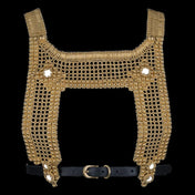 Front view of Gold beaded harness with black leather belt at bottom on a clear background