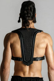 Men wears beaded modular Adonis Men's Leather Harness jet black back view