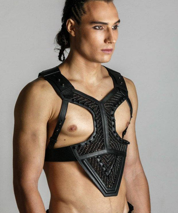 Men wears beaded modular Adonis Men's Leather Harness with khutulun cuff jet black
