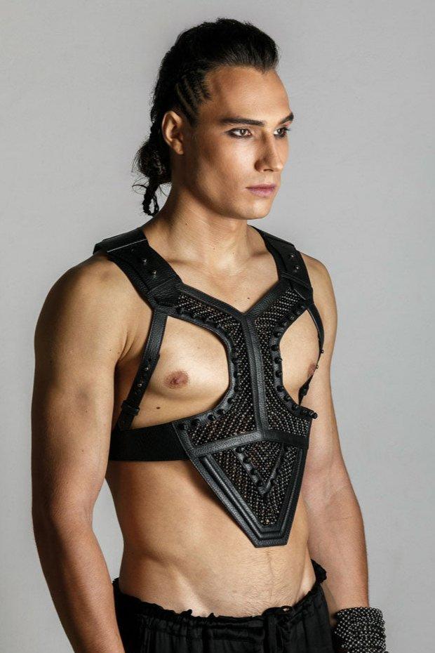 Men wears beaded modular Adonis Men's Leather Harness with khutulun cuff jet black