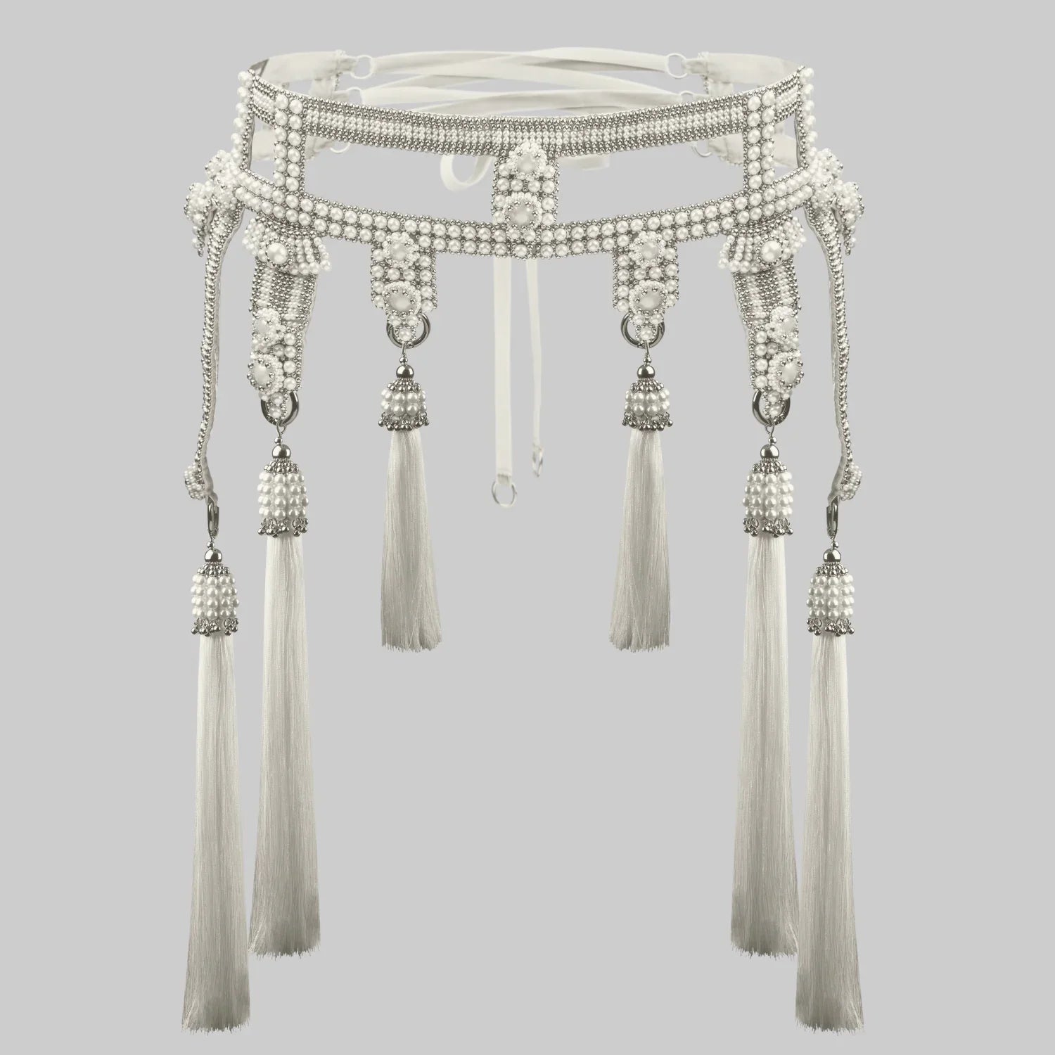 Object & Dawn Beaded Amaya Modular Belt in pearl, modular fashion, ghost image front view