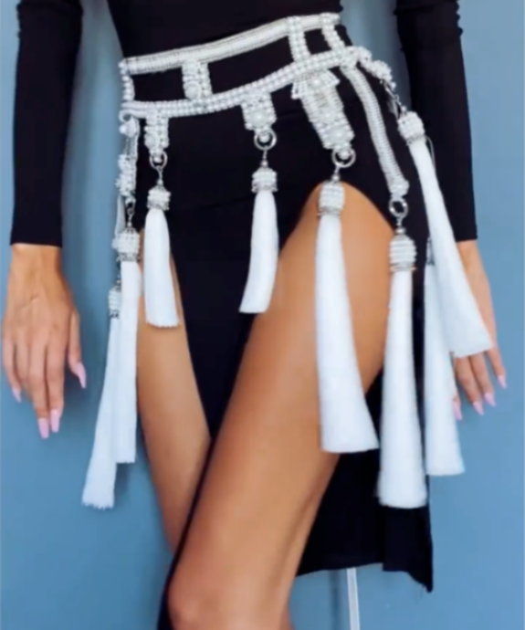 beaded modulat belt from japanese syntetic pearl with metal beads by object and dawn worn by woman in black outfit front view
