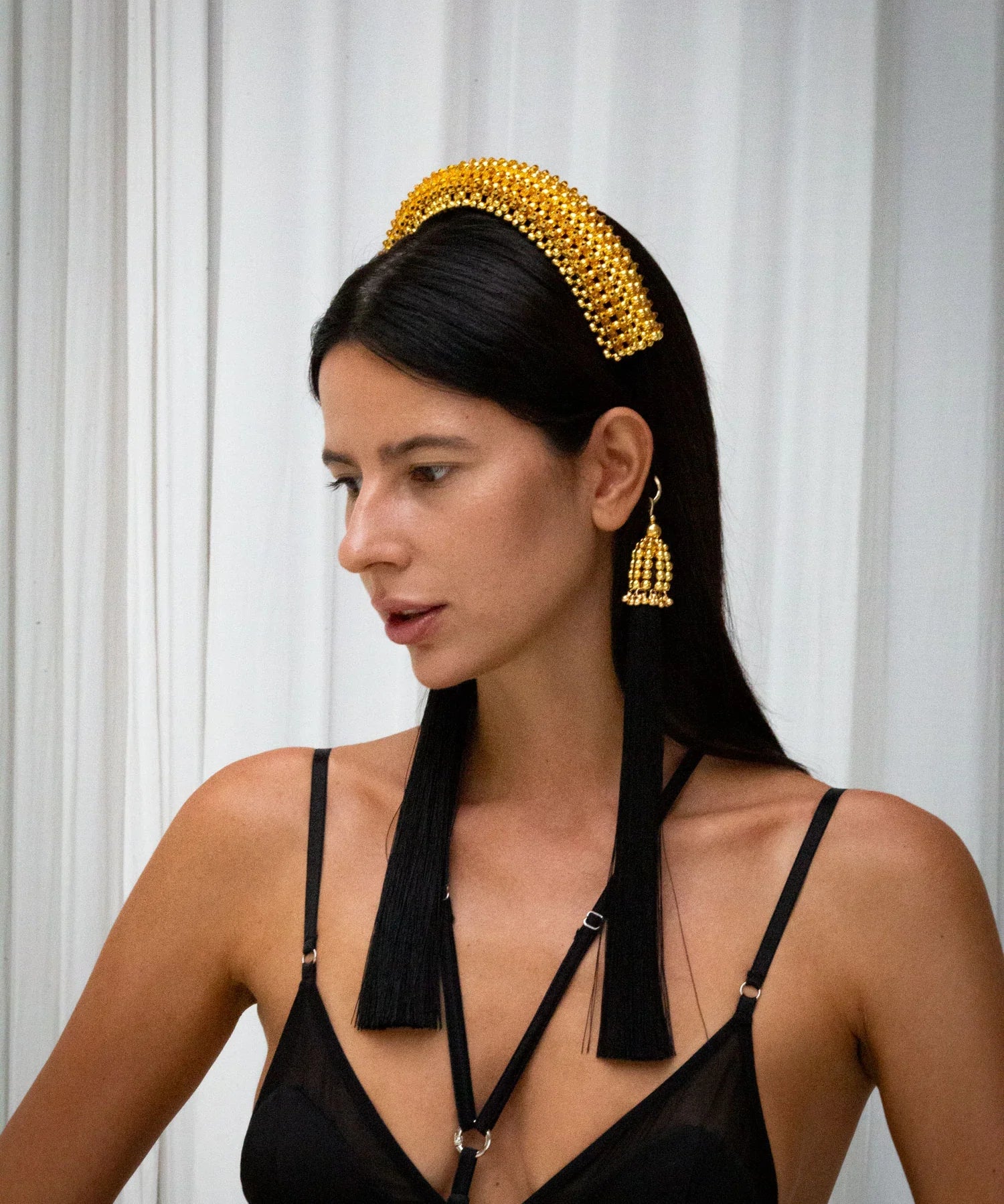 Woman wear Beaded Anais Modular Headband by Object & Dawn in neutral background