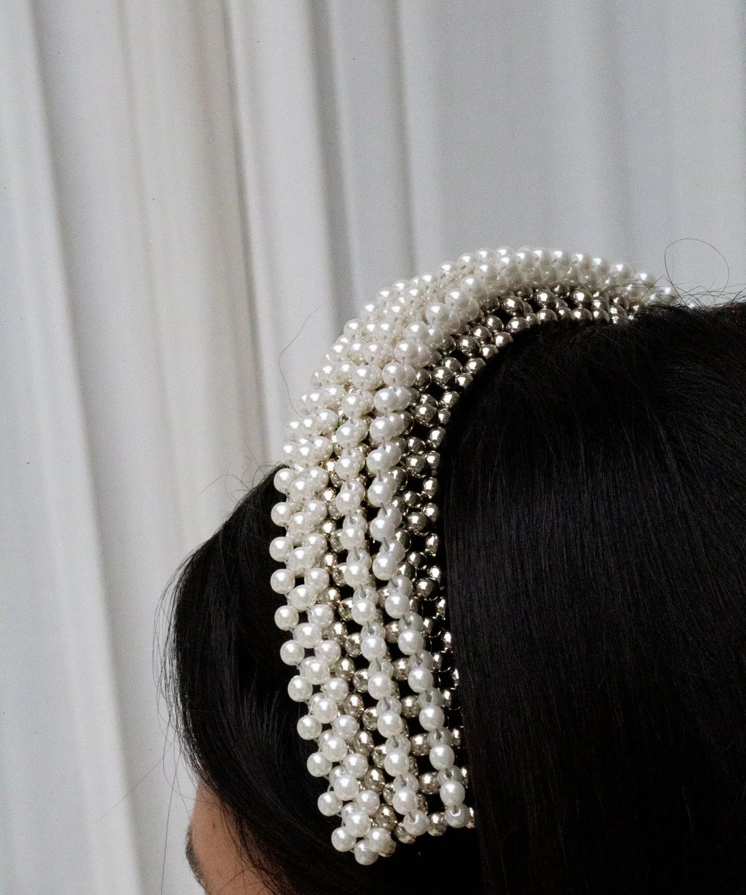 Object & Dawn Anais Headband pearl detail view worn by woman in neutral background