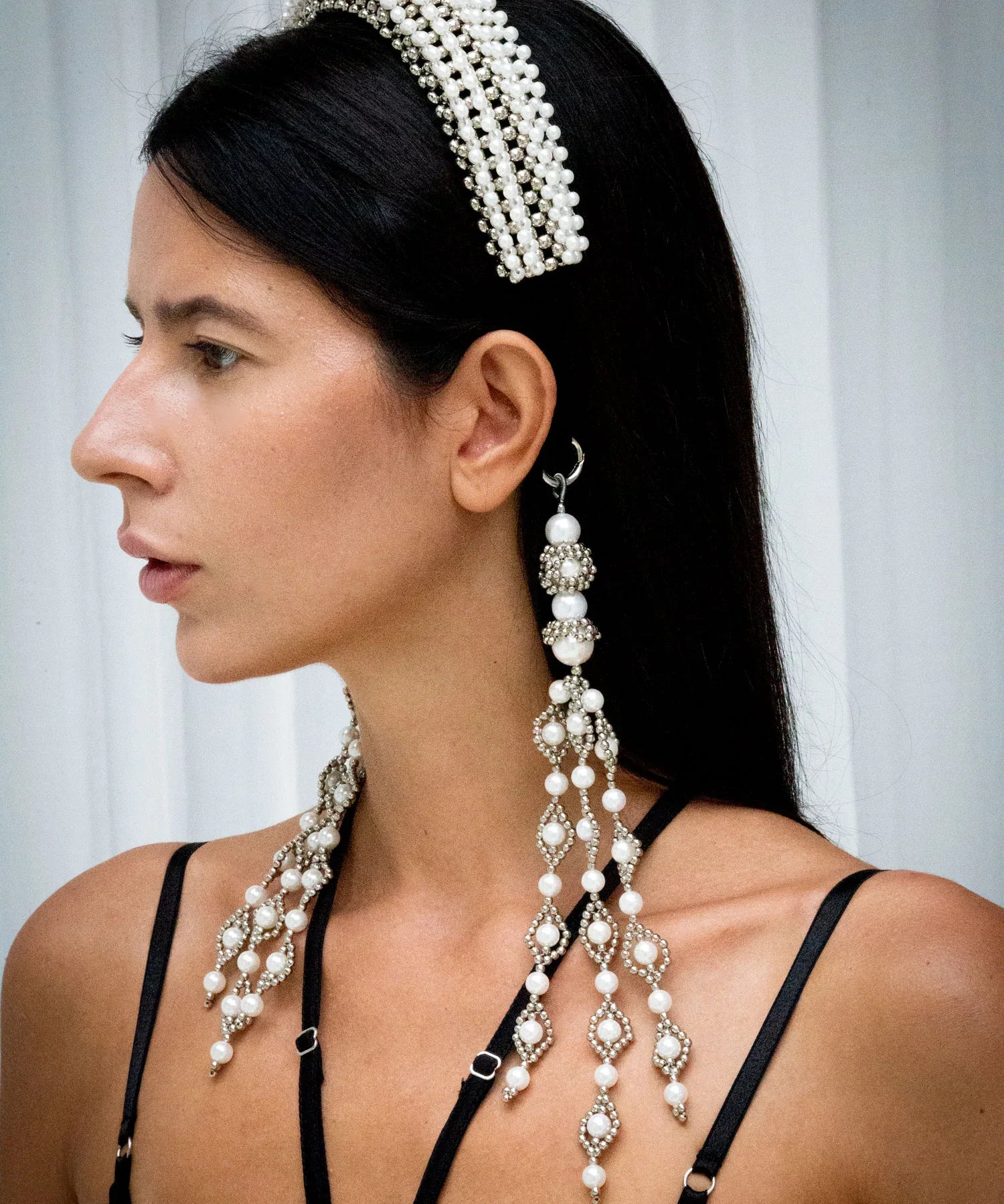 woman from side profile wear Anais Headband with trinity medallions pearl by object & dawn