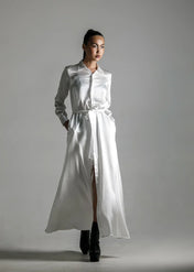 east asia woman wear anais long sleeves silk shirt dress in white with back boots heels by object and dawn