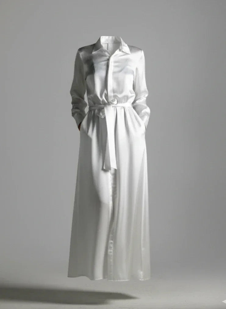 Anais Shirt dress by Object & Dawn on a gray backgorund front view, ghost image