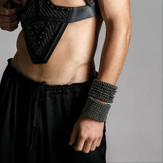 Object & Dawn beaded wrist accessory in ivory, structured supple cuff with polymer metal beads, front view