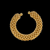 modular beaded wrist accessory in ivory, structured supple cuff with 22k gold wash polymer metal beads, ghost image front view