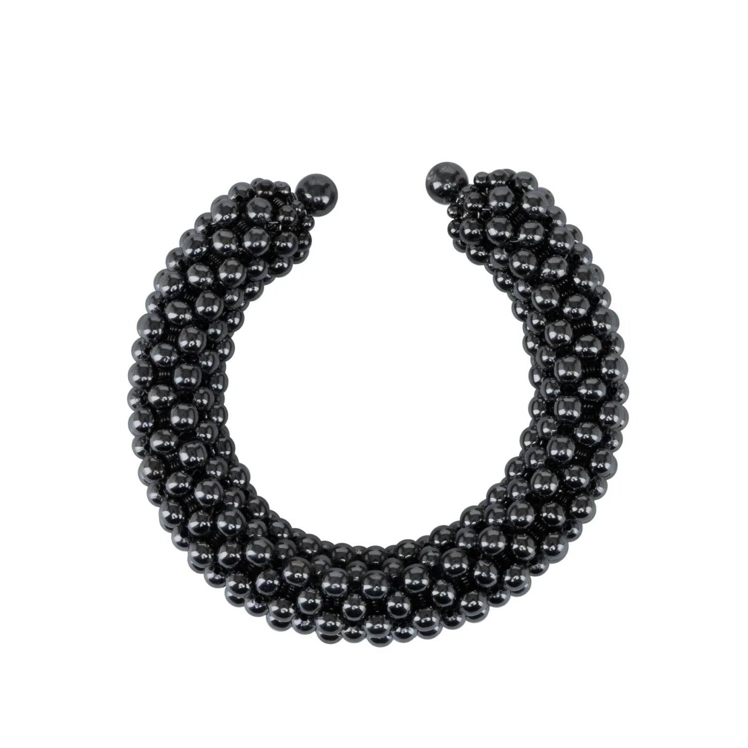 modular beaded wrist accessory in ivory, structured supple cuff with polymer metal beads, ghost image front view