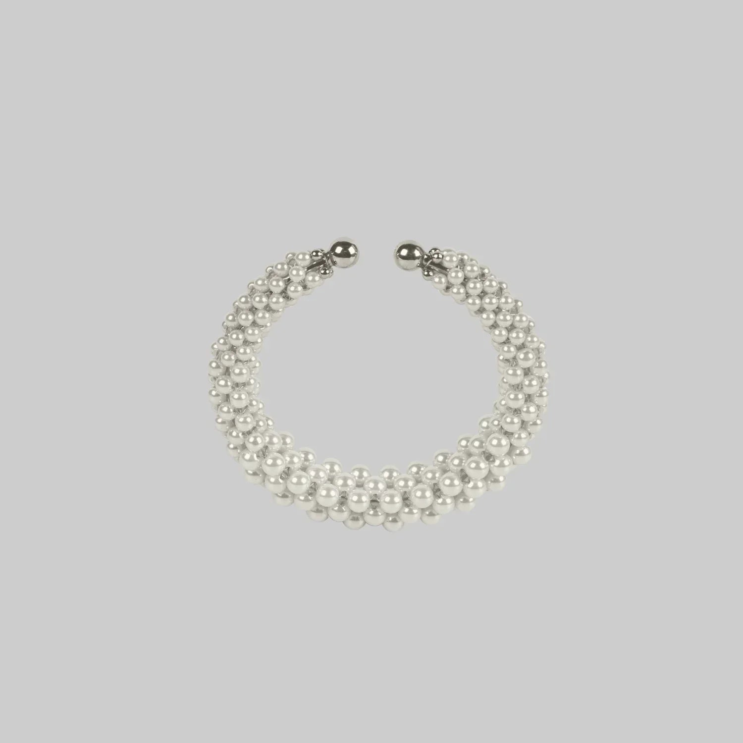 handcrafted modular beaded wrist bracelet with polymer metal beads with silver coated and synthetic
 japanese pearl by object and dawn
