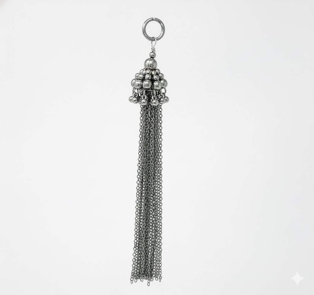 Beaded chain tassels beads in silver color  on a grey background by Object&Dawn