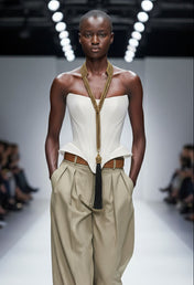 Woman walking on a runway wearing a white top and beige pants with Beaded Collar Antq Gold by Object & Dawn