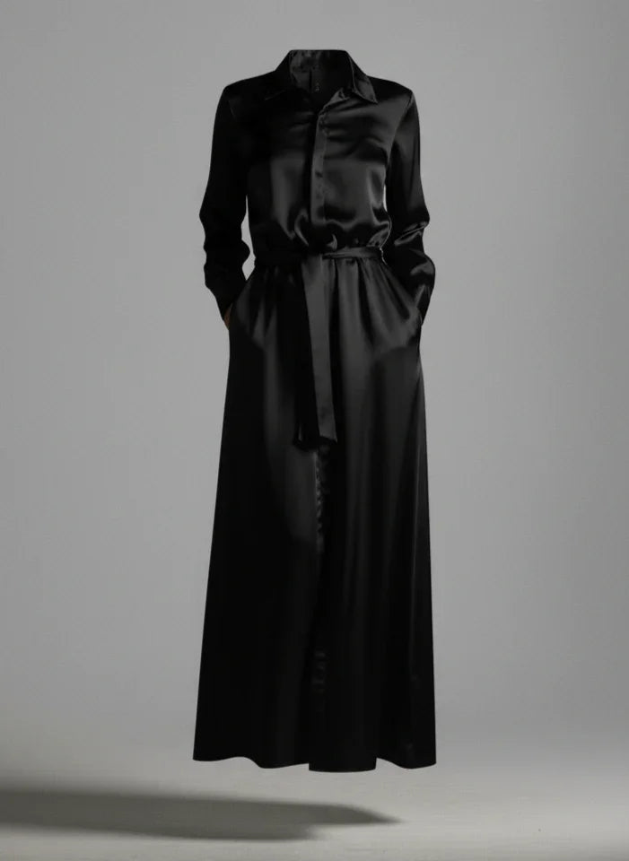 Anais Long Sleeve Silk Shirt Dress in Black