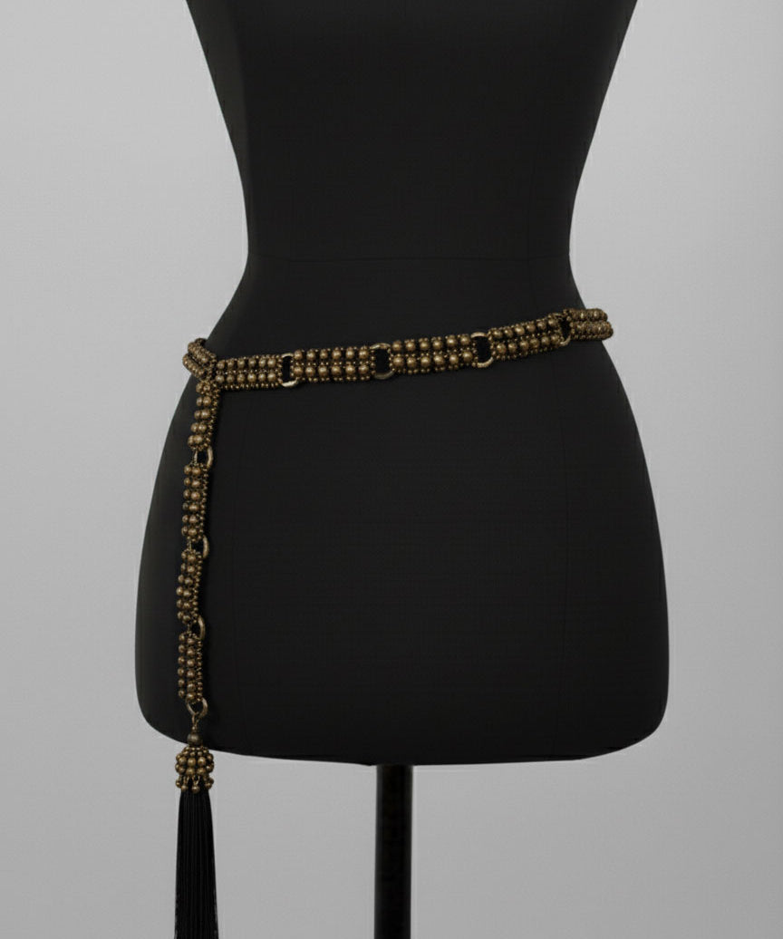 Beaded Adjustable Chain belt with tassels by Object & Dawn on a mannequin against a gray background