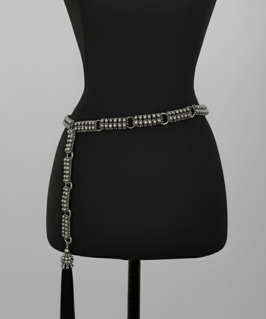 Beaded Adjustable Chain belt with tassels by Object & Dawn on a mannequin against a gray background