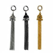 Set of 3 Beaded chain tassels in different colors with siver, gold, and black crsytal beads on a grey background by Object&Dawn