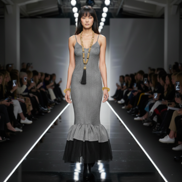 Woman walking on a fashion show runway wearing a gray dress with Beaded Link Necklace by Object & Dawn