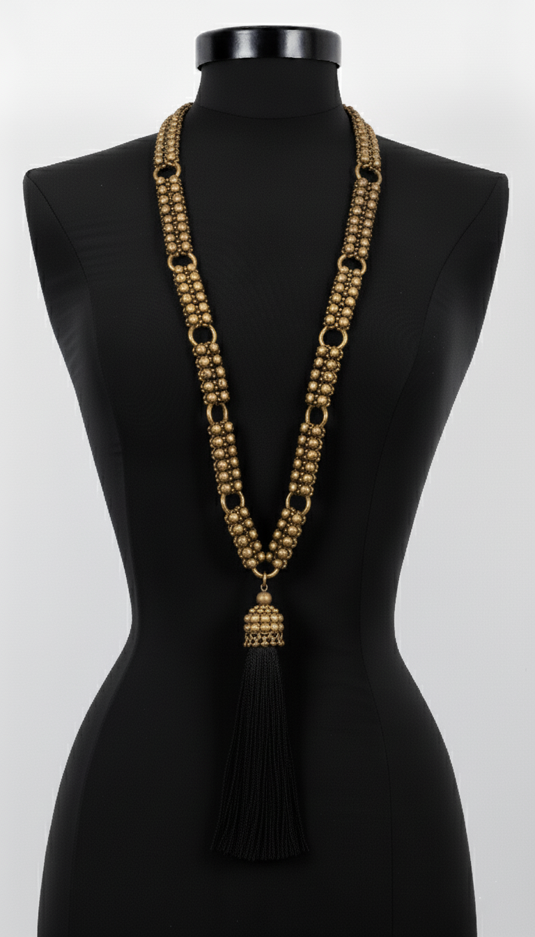 Beaded Link Necklace Antq Gold by Object & Dawn on a black mannequin against a white background