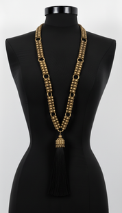 Beaded Link Necklace Antq Gold by Object & Dawn on a black mannequin against a white background