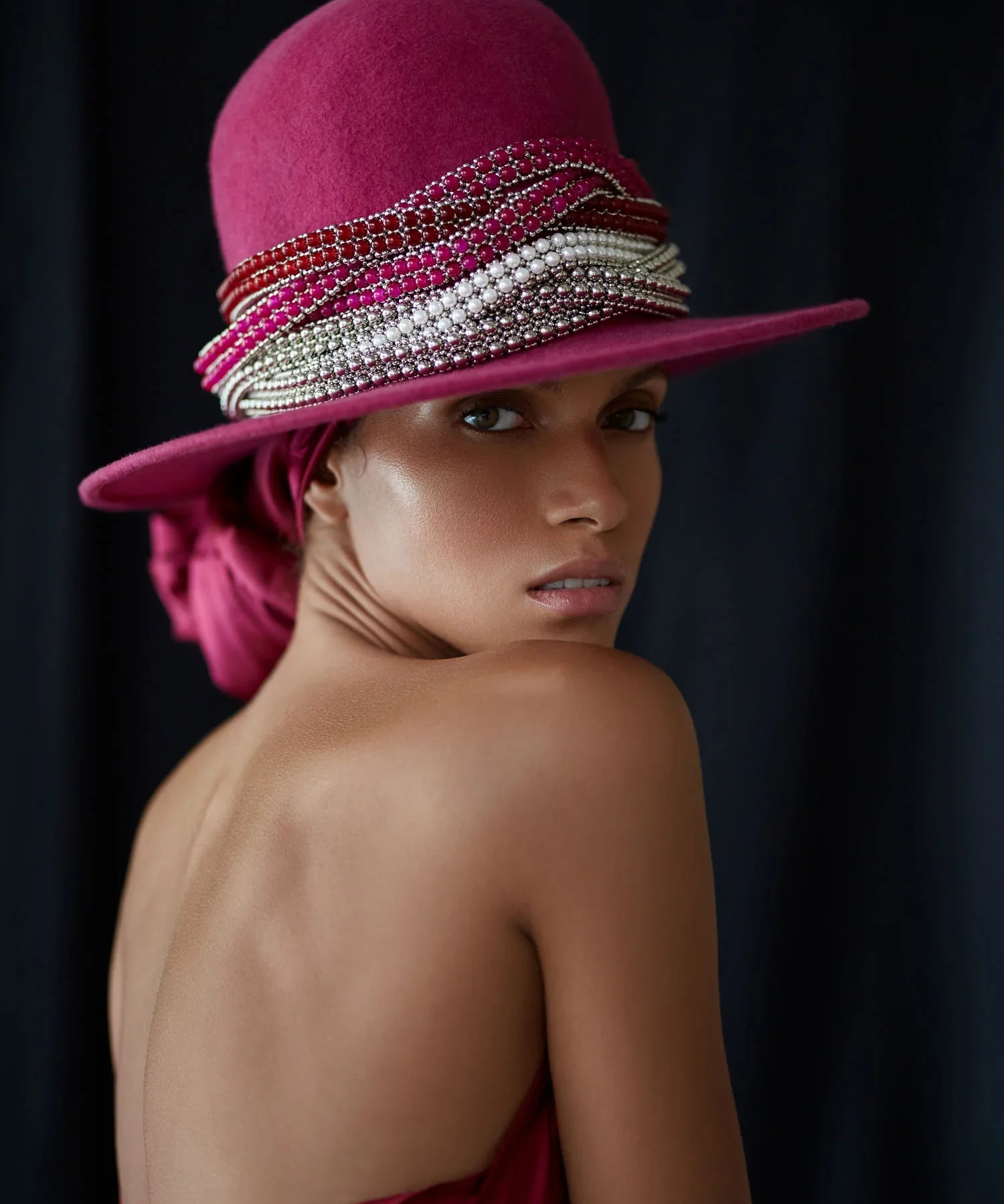 Handmade beaded crystals with polymer metal beads by object and dawn on pink hat