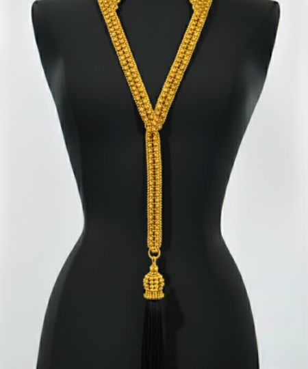 Beaded Tailored Collar Gold  with tassel by Object & Dawn on a black mannequin against a white background