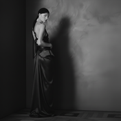 Woman in a long dark dress standing against a textured wall with a dramatic shadow.