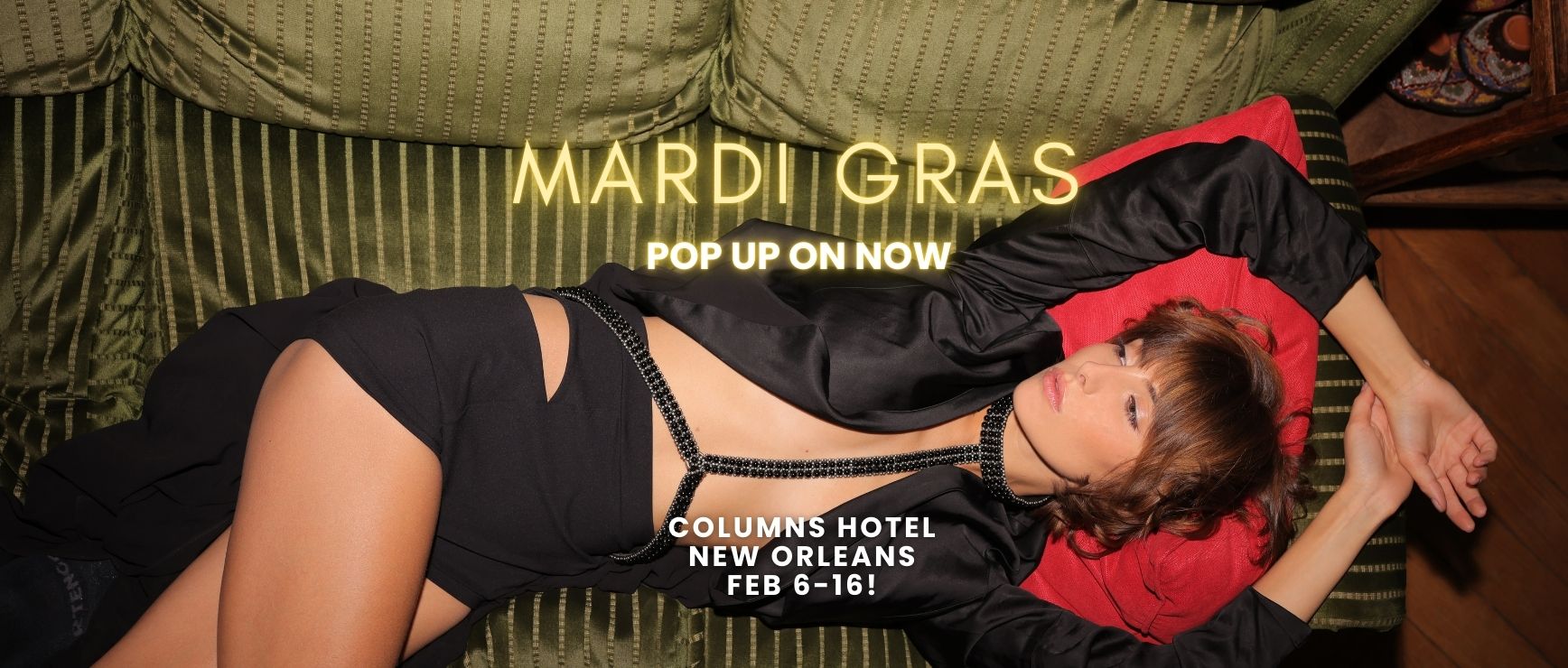 object & dawn Promotional image featuring a woman in festive attire wearing paris collection