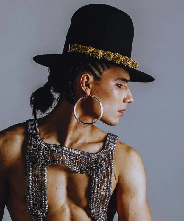 handcrafted eingana hatband in 22k gold wash by object & dawn with black hat