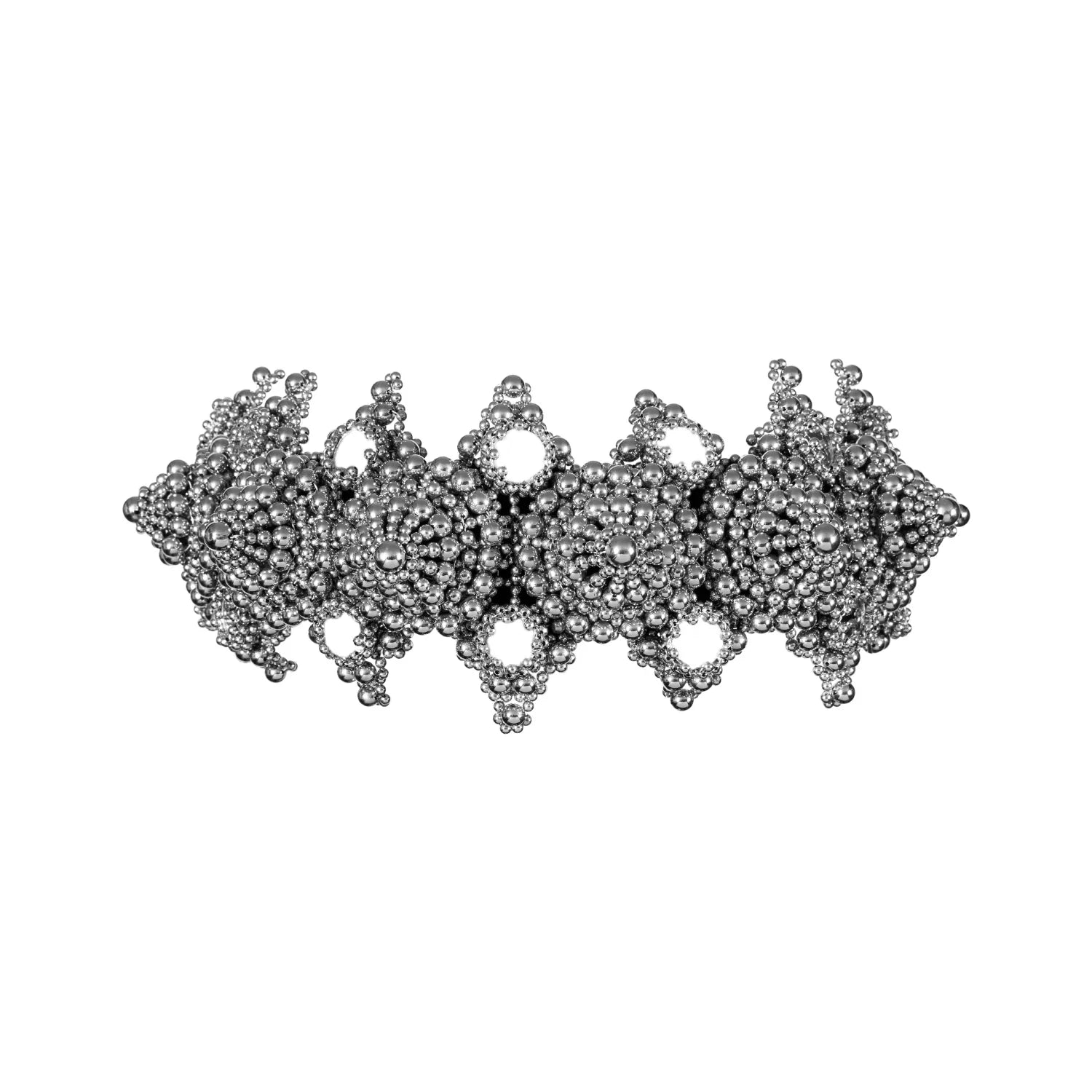 handcrafted modular crown by silver coated polymer beads by object and dawn ghost image in white background front view
