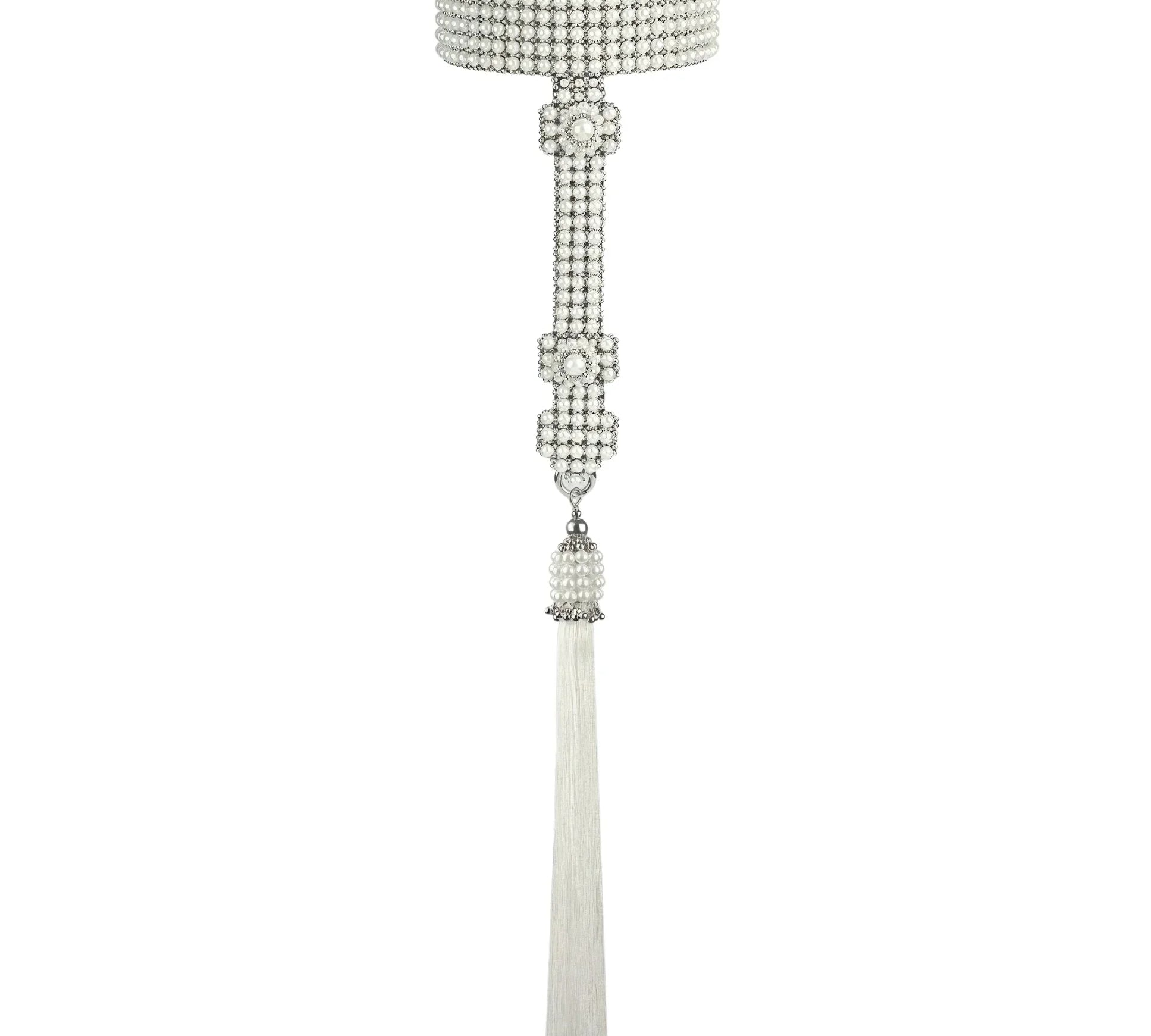 T-shaped pearl necklace with tassel ghost image on a white background