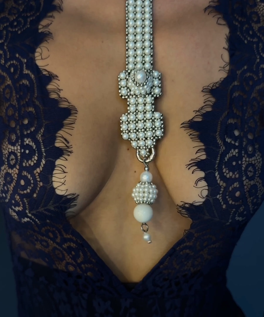 Close Up look of Elohim T-Choker by Object&Dawn in pearl on woman in Blue outfit