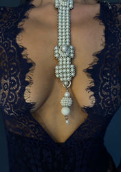 Close Up look of Elohim T-Choker by Object&Dawn in pearl on woman in Blue outfit