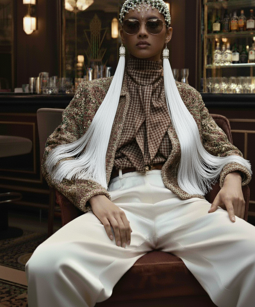 Woman sitting in a bar wearing sunglasses, a patterned top, and white pants with Freja Headband in Pearl.