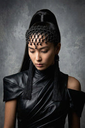  Object and Dawn Modular beaded Freja headband in Jet Black, Luxury artisanal craftsmanship accessory, worn view front side