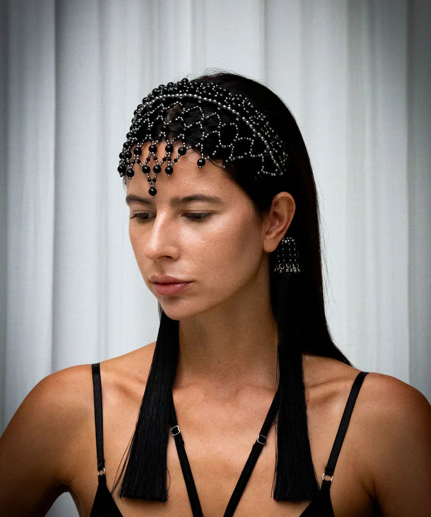 handcrafted modular beaded headband by object and dawn with silver coated silver and black crystals