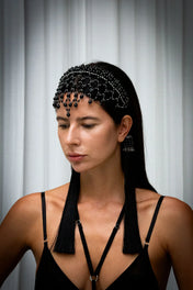 handcrafted modular beaded headband by object and dawn with silver coated silver and black crystals