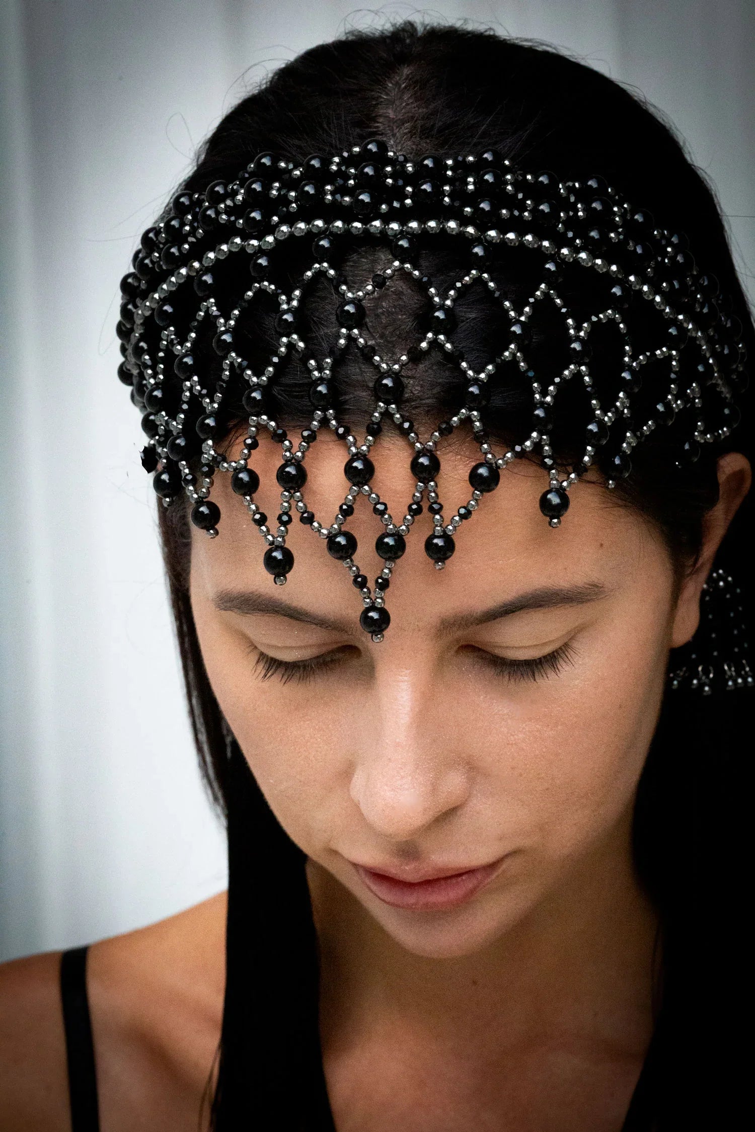 handcrafted modular beaded headband by object and dawn with silver coated beads and black crystals