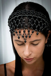 handcrafted modular beaded headband by object and dawn with silver coated beads and black crystals