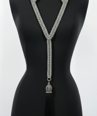 Beaded Tailored Collar Silver  with tassel by Object & Dawn on a black mannequin against a white background