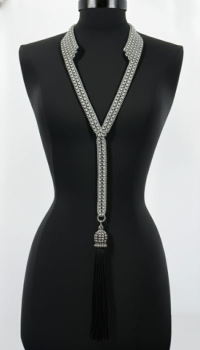 Beaded Tailored Collar Silver  with tassel by Object & Dawn on a black mannequin against a white background