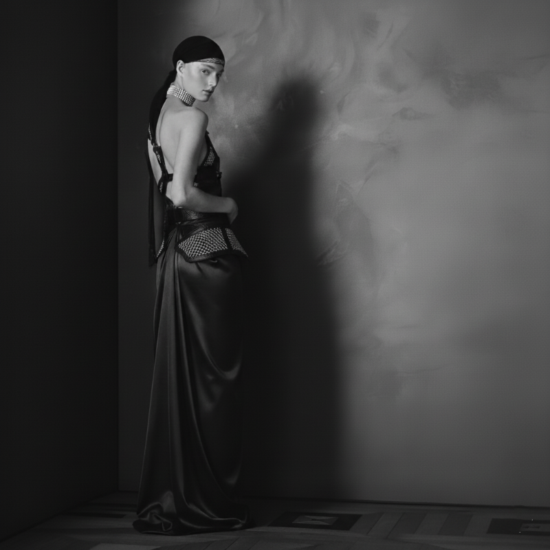 Woman in a long dark dress standing against a textured wall with a dramatic shadow.